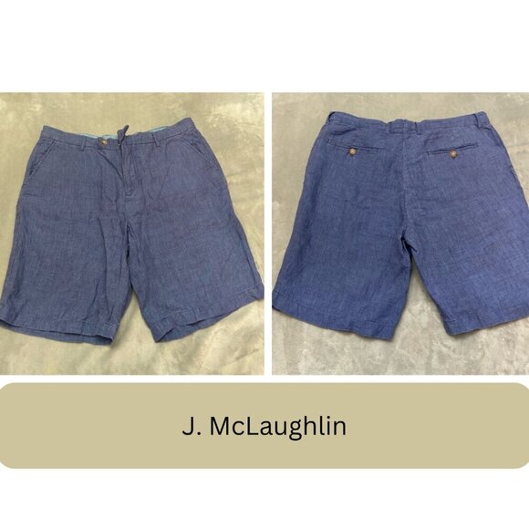 J. McLaughlin men’s Blue Linen Flat Front Golf Chino Shorts - 27482 - Picture 1 of 8